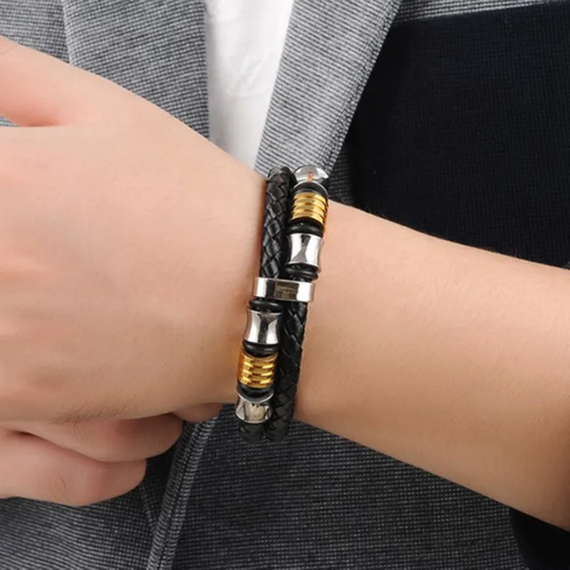 Trendy Men Leather Bracelets Charm Men Stainless Steel Buckle
