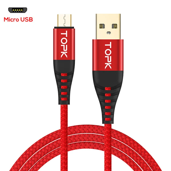 TOPK 1 м высокопрочный Micro USB кабель с нейлоновой оплеткой кабель для передачи данных для samsung Galaxy S7 edge S6 Xiaomi Redmi Note 5 кабели для мобильных телефонов - Цвет: Красный