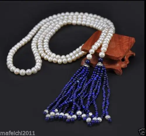 

AAA Akoya 8-9MM White PEARL NECKLACE WIHT Lapis Lazuli LONG NECKLACE
