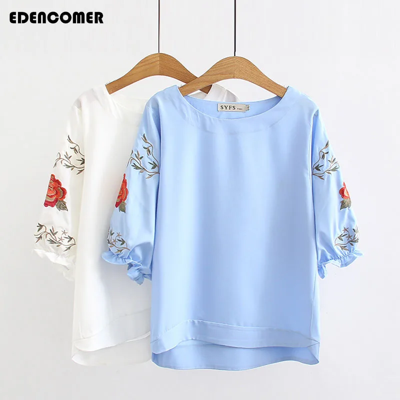 

2018 Summer New Korean Version of Loose Sleeves Peony Embroidery Sweatshirt Lantern Sleeves Literary Style XL Women's T-shirt