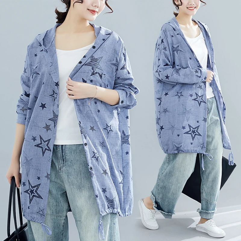 

BIG SIZE 4XL Spring Summer Women Fashion Star Print Tops Ladies Female Plus Large Loose Cardigan Thin Cotton Blouse Shirt Blusas
