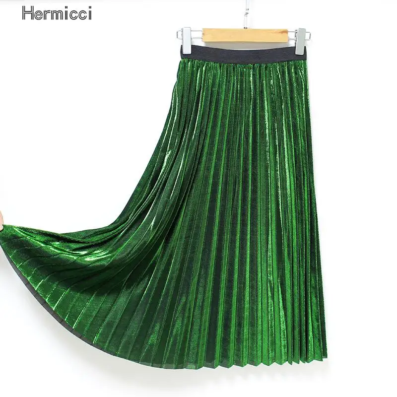 

Girls Pleated Metal Shiny Silver Skirt Women Casual Vintage Mid-long A-Line Metallic Suede Skirts Female Autumn/Winter Skirts