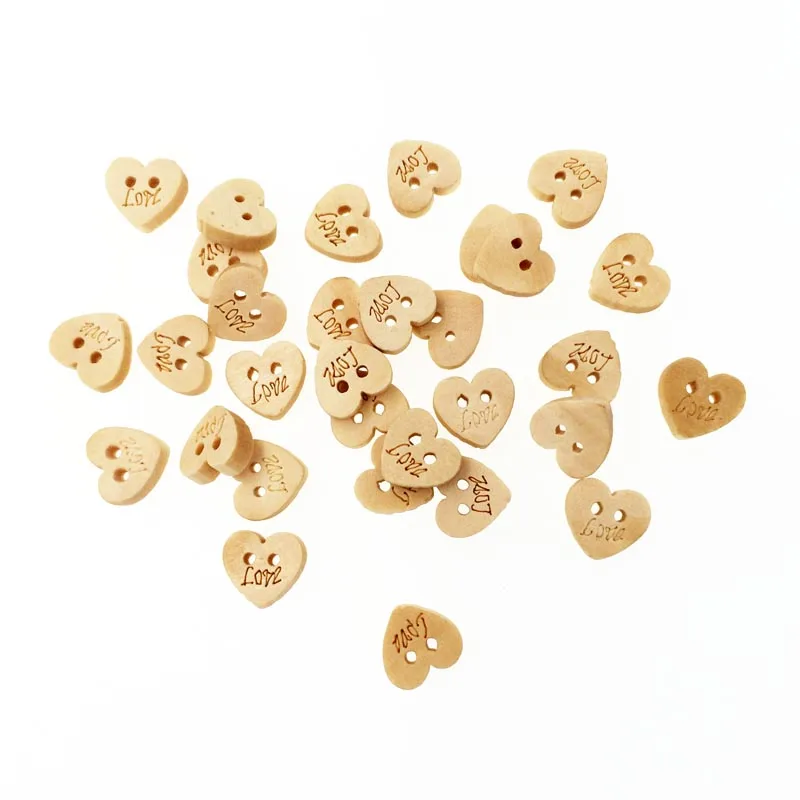 

100pcs /lot Natural Color Wooden Buttons For Clothing Heart With Love Letter Buttons Scrapbooking Accessories Sewing Craft Suppl