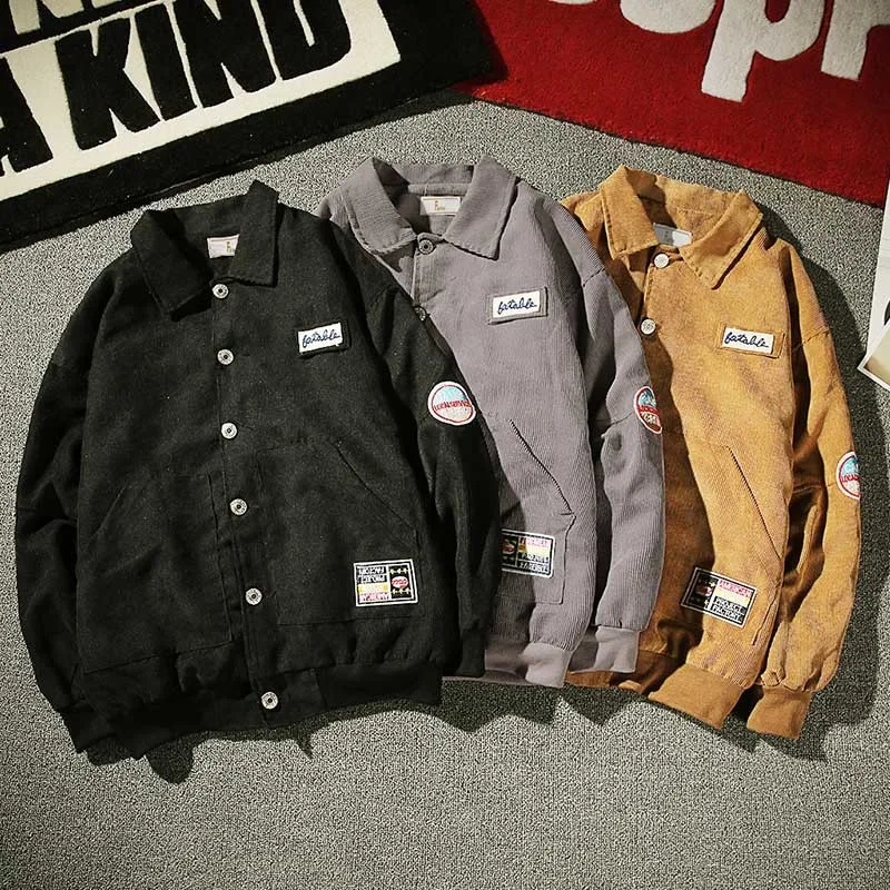 

2019 Spring New Men's Japanese Loose Personality Street Trend Solid Color Student Lapel Long Sleeve Explosion Casual Jacket