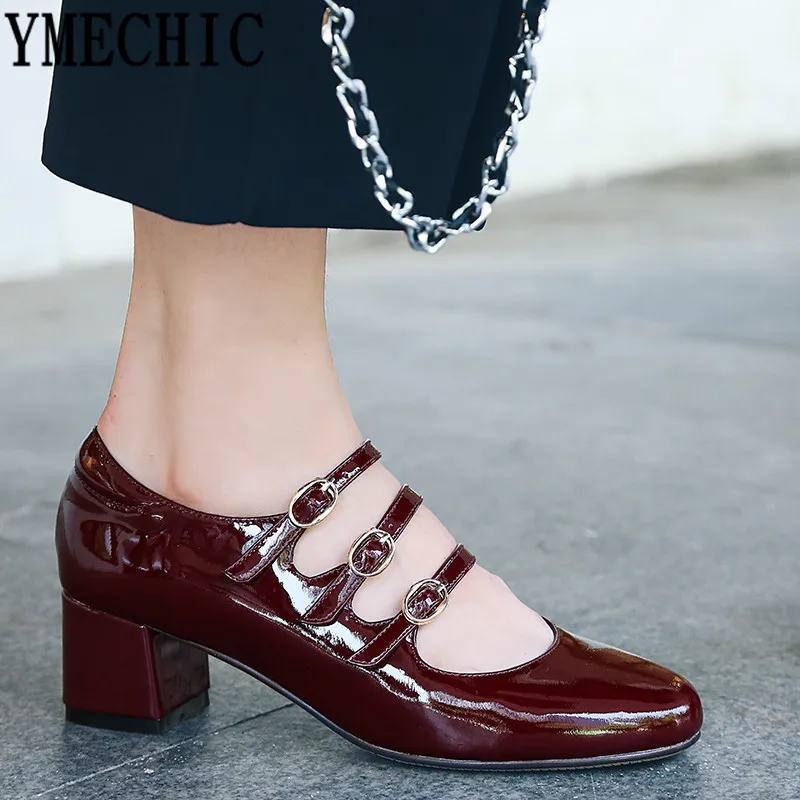 

YMECHIC 2019 Retro Black Block Heel Shoes Woman Patent Cow Leather Mary Jane Ladies Office Dress Shoes Summer High Heels Pumps