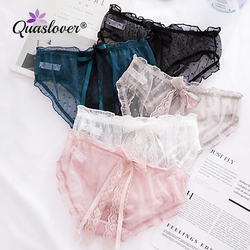 

Quaslover Sexy Lace Panties Transparent Dot Lace Hollow Sexy Women Underwear Low Waist Sweet Big Knot Briefs For Female