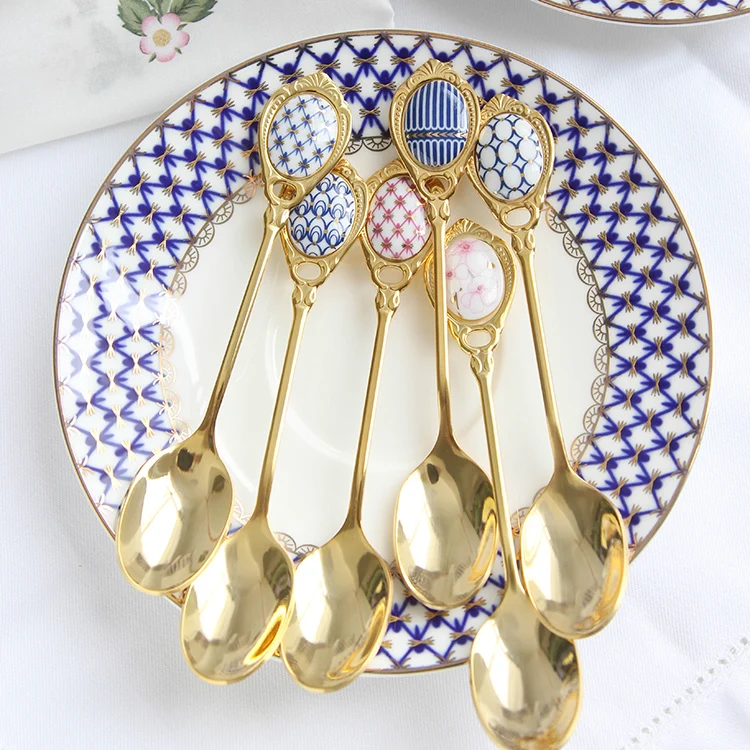 

4pcs/set Stainless Steel Spoons Set Inlay Ceramic Handle Coffee Scoop Vintage Gold Plating Dessert Spoon High Grade Cake Scoop