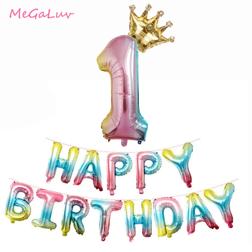 

1st Birthday Ballons Gradient Color Happy Birthday Foil Balloons First Birthday Party Ballons Rainbow Gradient Number Balloon