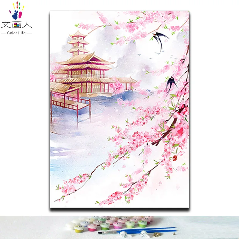 diy coloring Paints by numbers traditional chinese style building landscape flowers with kits for girls to practise painting