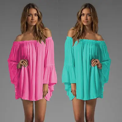 Dresses Vestidos Robe Dress Sale Plus Size Maxi Women Sexy Long Ruffle Sleeve Blouse Tops Off Shoulder Tunic Mini Cover Up | Женская