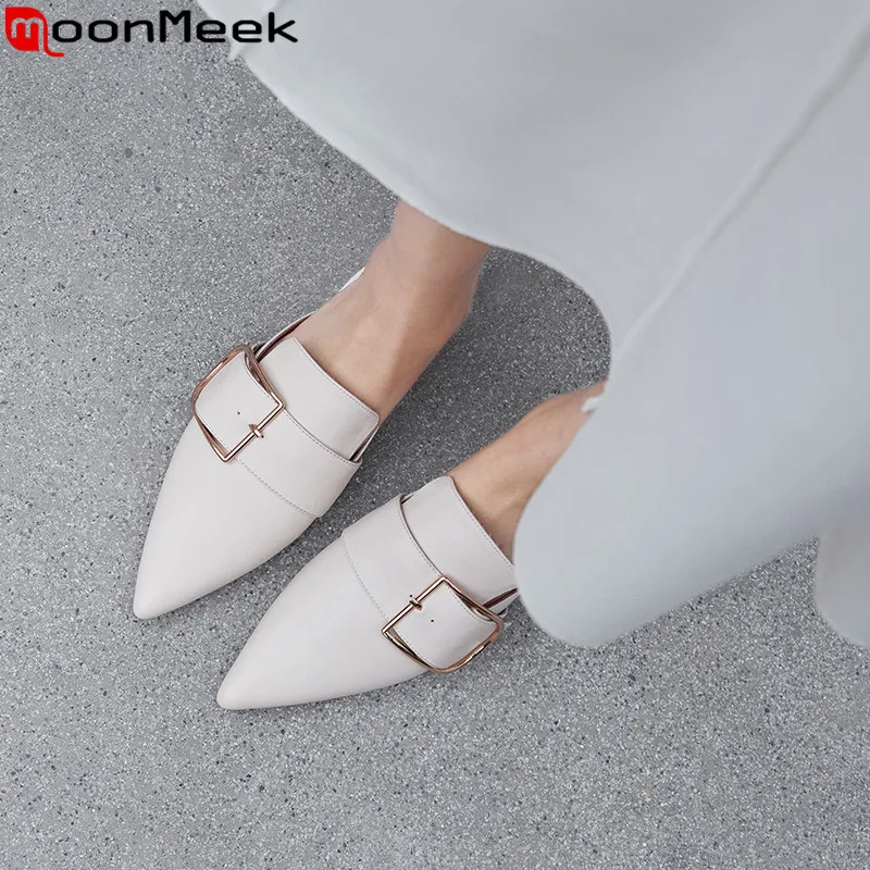 

MoonMeek 2019 hot sale new mules shoes pointed toe shallow flats women genuine leather shoes casual female shoes big size 34-40