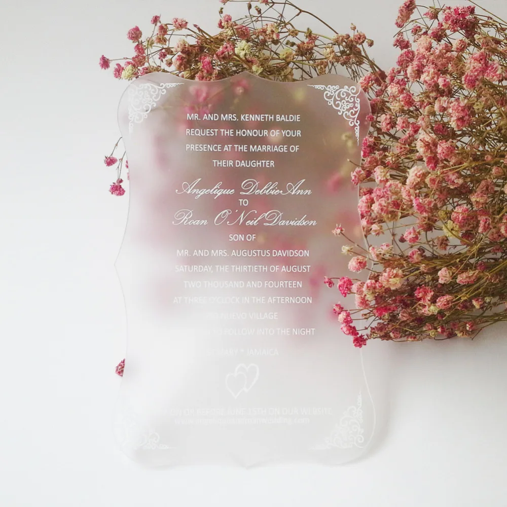  Customized 100pcs per lot 5*7inch Frosted scroll shape acrylic wedding invitation card - 32439834434