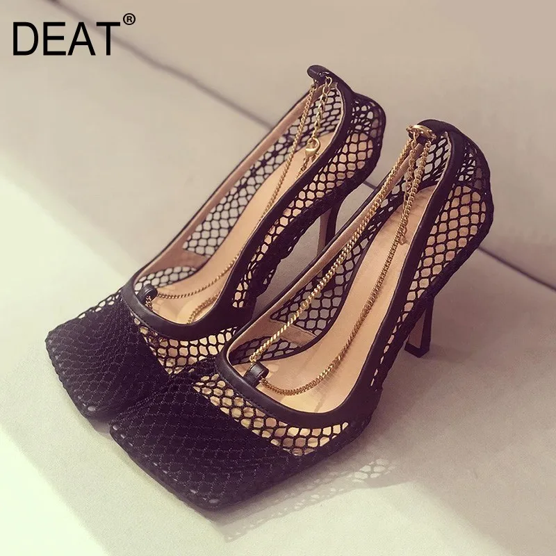 

[DEAT] 2020 New Spring Summer Square Toe Shallow Mesh Hollow Out Chains Thin High Heels Sandals Women Fashion Tide 10B526