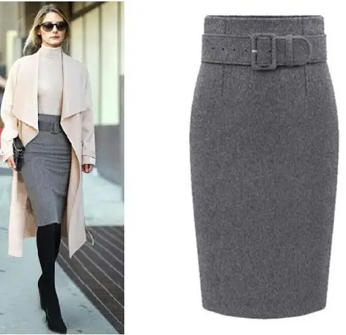 

Autumn Winter Women Plus Size Thick Woolen Skirts Slim Belt Office Long Midi Skirt Step A-line Saias Longa Faldas Mujer E30