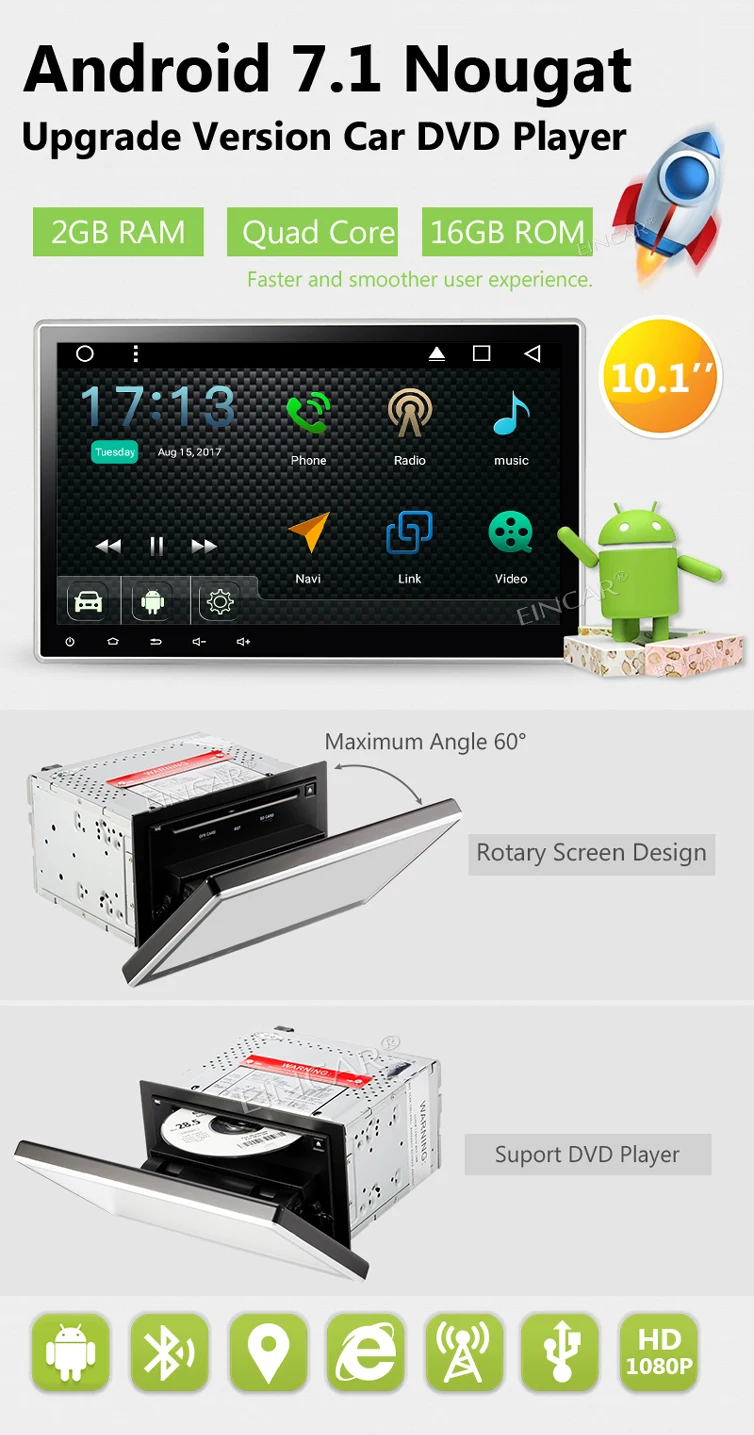 Excellent 10.1 inch Car DVD Player 2 Din Android 7.1 In Dash Stereo Radio Touchscreen GPS Navigator Support WIFI Bluetooth Radio USB/SD 4G 5