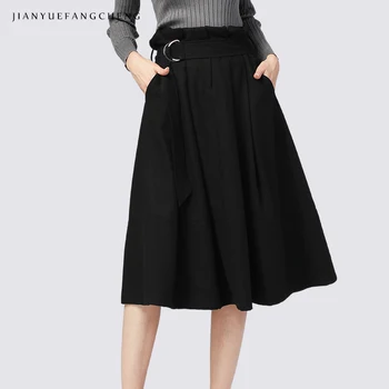 

Zipper Ladies Skirts 2018 Plus Size A Line High Waist Wool Skirt Midi Warm Winter Womens Casual Skirt Black Lace Up Female Jupe
