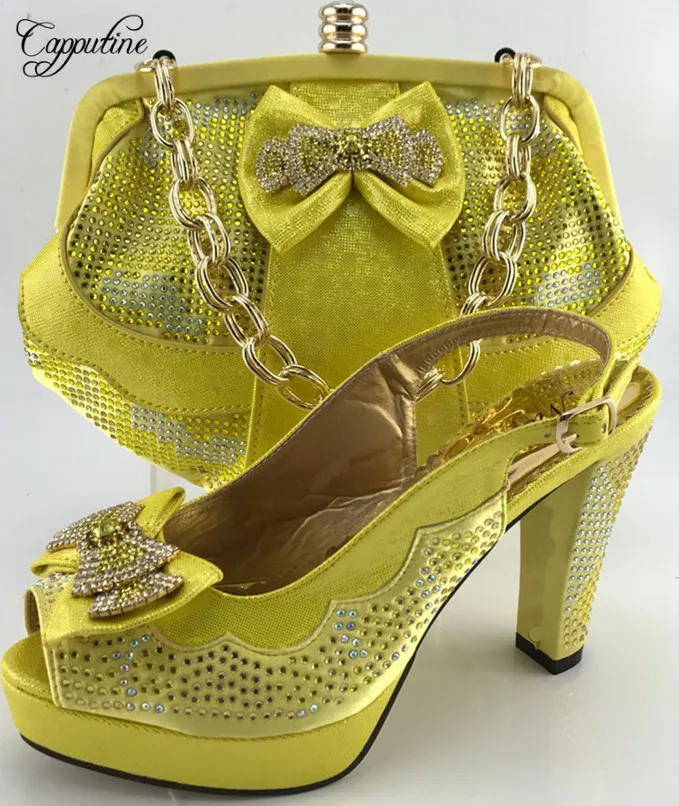 Capputine Yellow Color Hot Seling Woman font b Shoes b font And Bag Set African HIgh