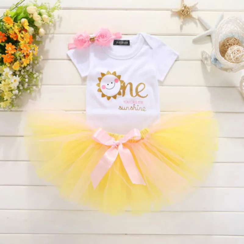

Infant Girls Dress Romper Tutu Headband Birthday Outfit 1st Shoes Party 3pcs Set Yellow