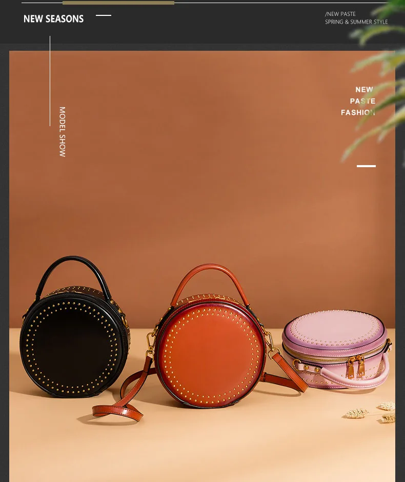 Branded fashion bags reather vintage round bag women's handbags genuine leather female bag (5)