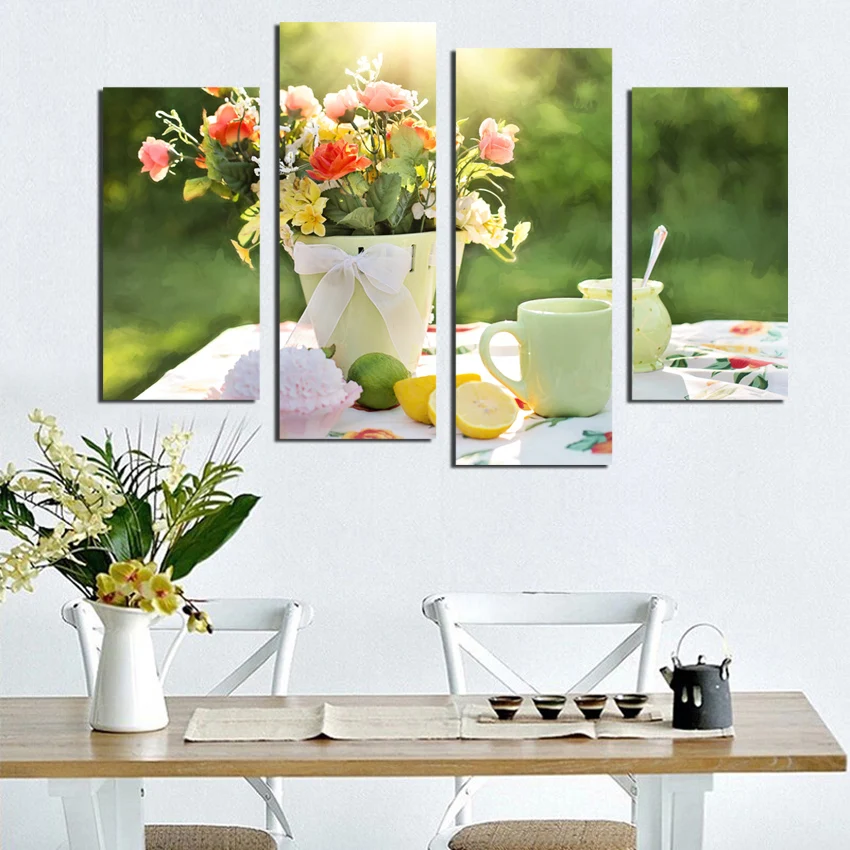 

4 PCS coffee cup Kitchen Painting On Canvas Large modular picturess Wall Art Cuadros For Living Room Poster Printings Art modula
