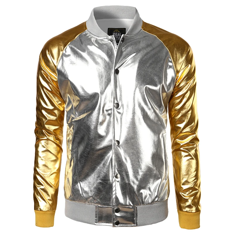 Новая трендовая куртка-бомбер золотого цвета металлик для мужчин/женщин Veste Homme для ночного клуба модный приталенный бейсбольный бомбер на молнии