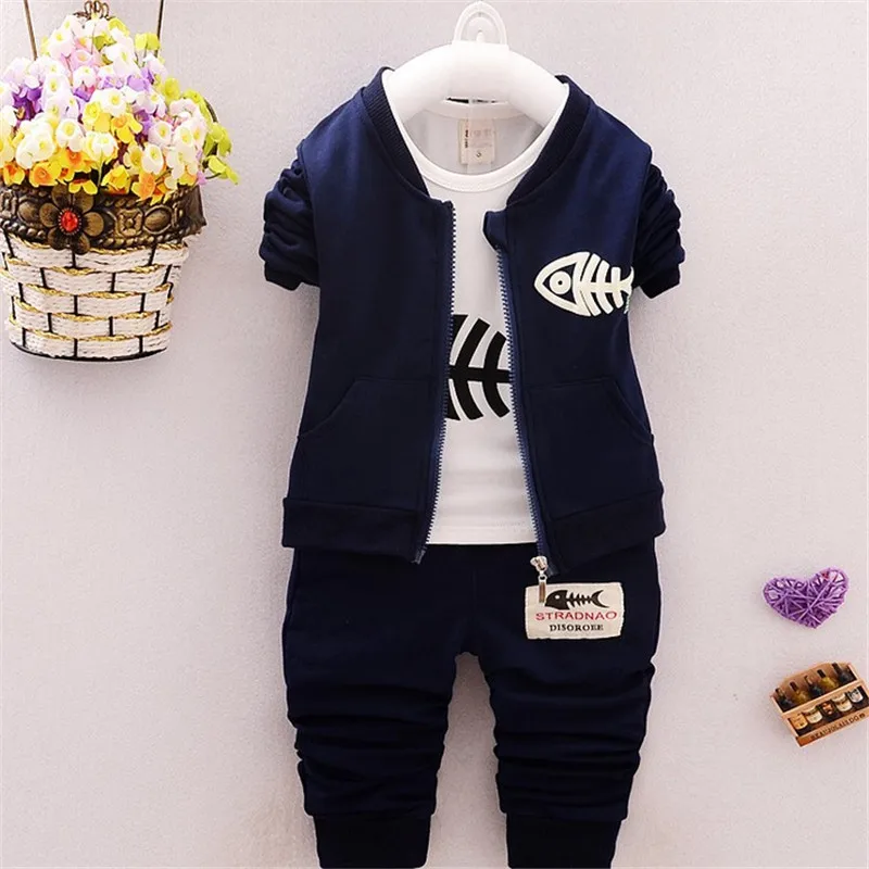 

Spring baby boys clothing Sets Cartoon Fishbone Pattern Infant 3 pcs Coats White long shirt +Trousers Autumn clothes Sets