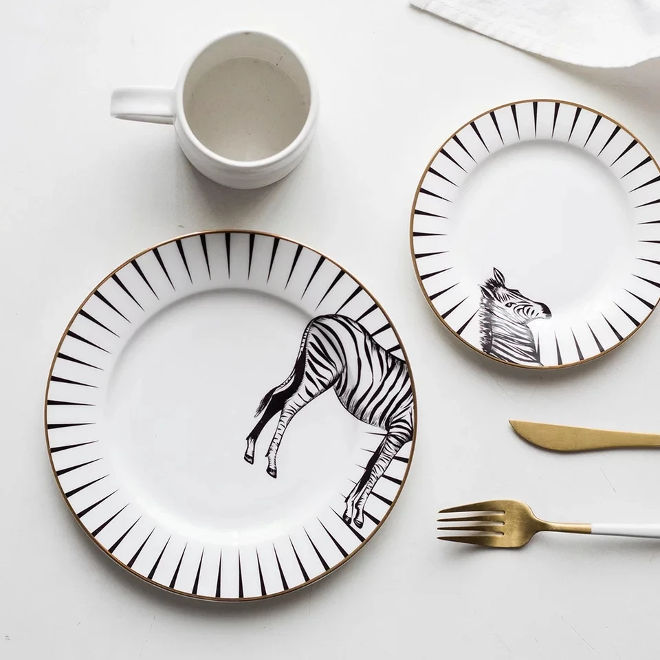 2 шт. 6 и 8 дюймов дизайн животных Круглый костяной фарфор тарелка посуда набор из 2 керамических тарелок зебра жираф волк wapiti Лось