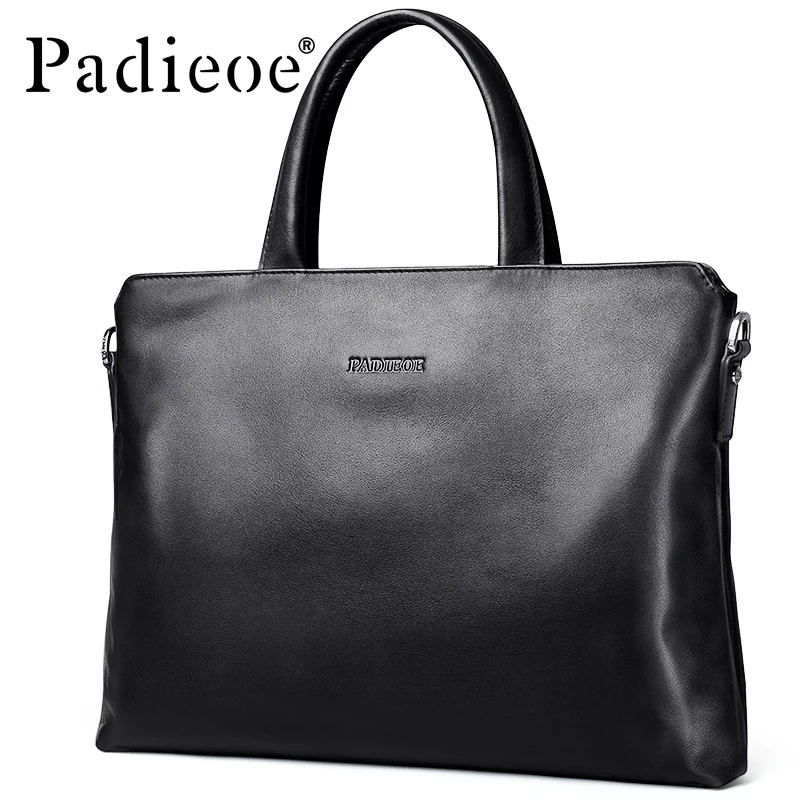 

Padieoe New Designer Brand Genuine Cow Leather Men's Briefcase Fashion Solid Color Mens Shoulder Bag Business Laptop Bag