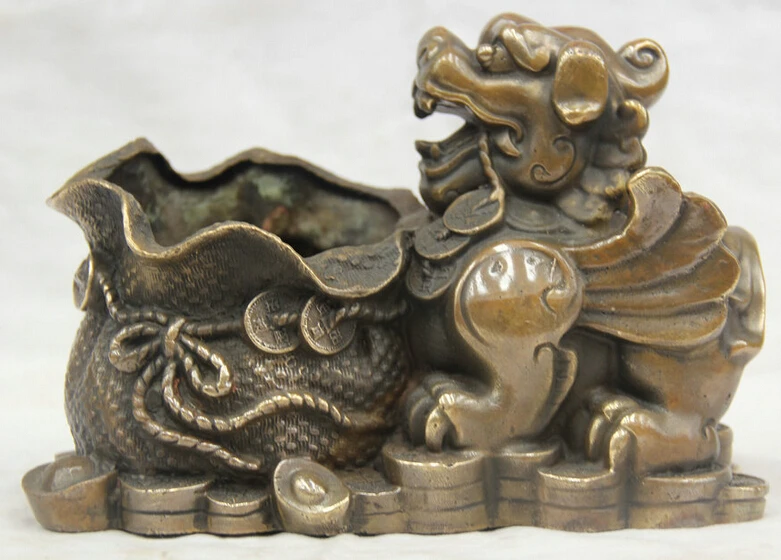 

8" China Folk Copper Pi Xiu Unicorn Beast Wealth Money Bag Brush Pot Pencil Vase R0710
