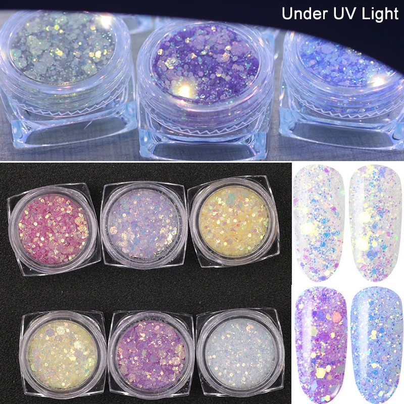 

6Colors/Set Photochromic Nail Sequins Light/Sunlight Sensitive Color Changing Nail Glitter Flakes Powder UV Gel Nail Decorations