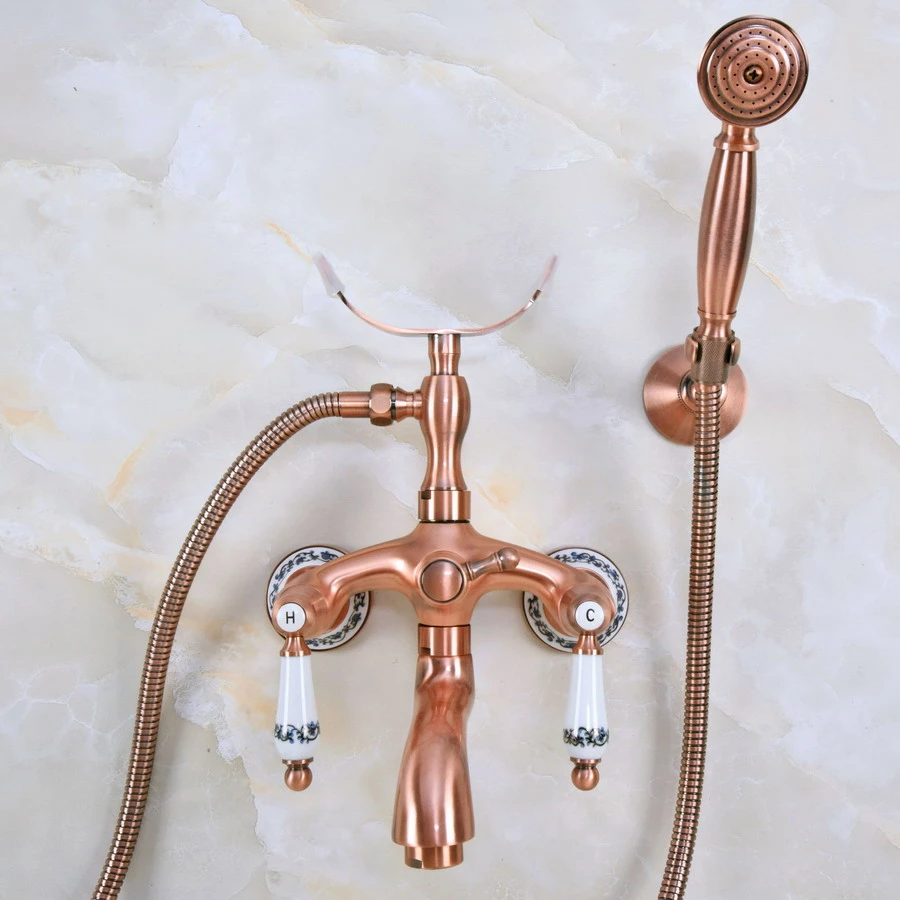 Antique Red Copper Wall Mount Bathroom Shower Mixer Tap Faucet Double Handles 