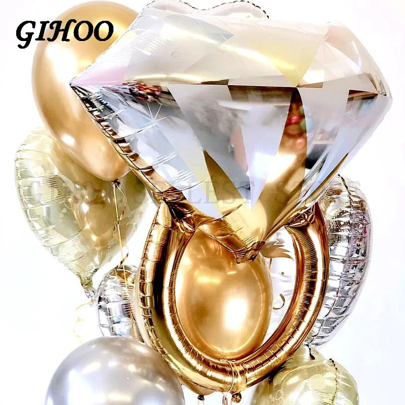 

GIHOO 9pcs Gold Heart Diamond Ring Balloons Metallic Latex Balloon Valentine's Day Gifts Bridal Shower Wedding Party Decor Balls