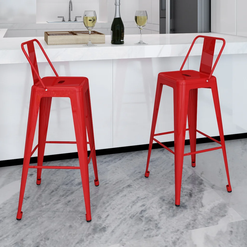 

2 High Bar Stools square shape with red back Chairs For Drinking Dining Ship From ES