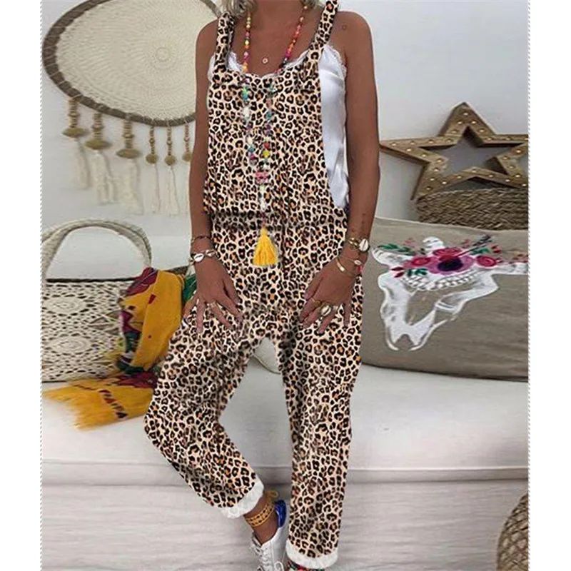 

Fashion Womens Leopard Jumpsuits Female Loose Casual Long Trousers Ladies Cow pattern Summer Straps camouflage Rompers