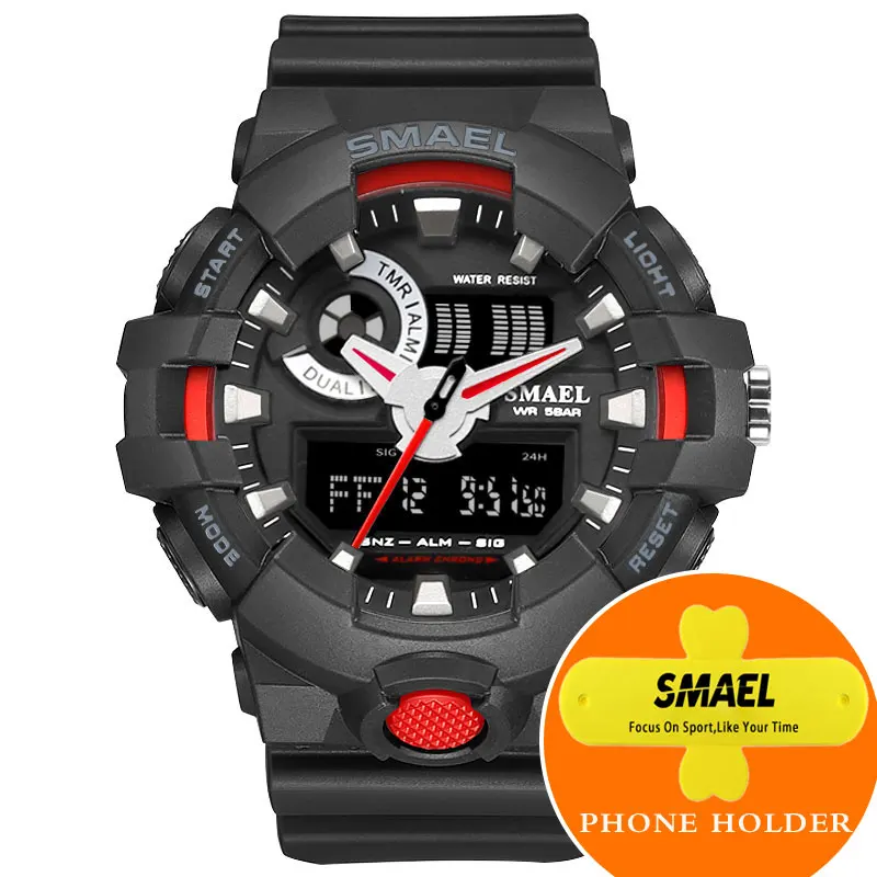SMAEL, красные спортивные мужские часы, модные, крутые, многофункциональные, ударные, водонепроницаемые, Relogio Masculino, светодиодный, наручные часы Uhren, часы 1642 - Цвет: Black Red