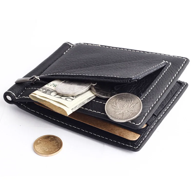 Genuine Leather Slim Money Clip Wallet For Men Purse With Coin Pocket ID Credit Card Slots Man Money Bag Black Coffee metal money clip
