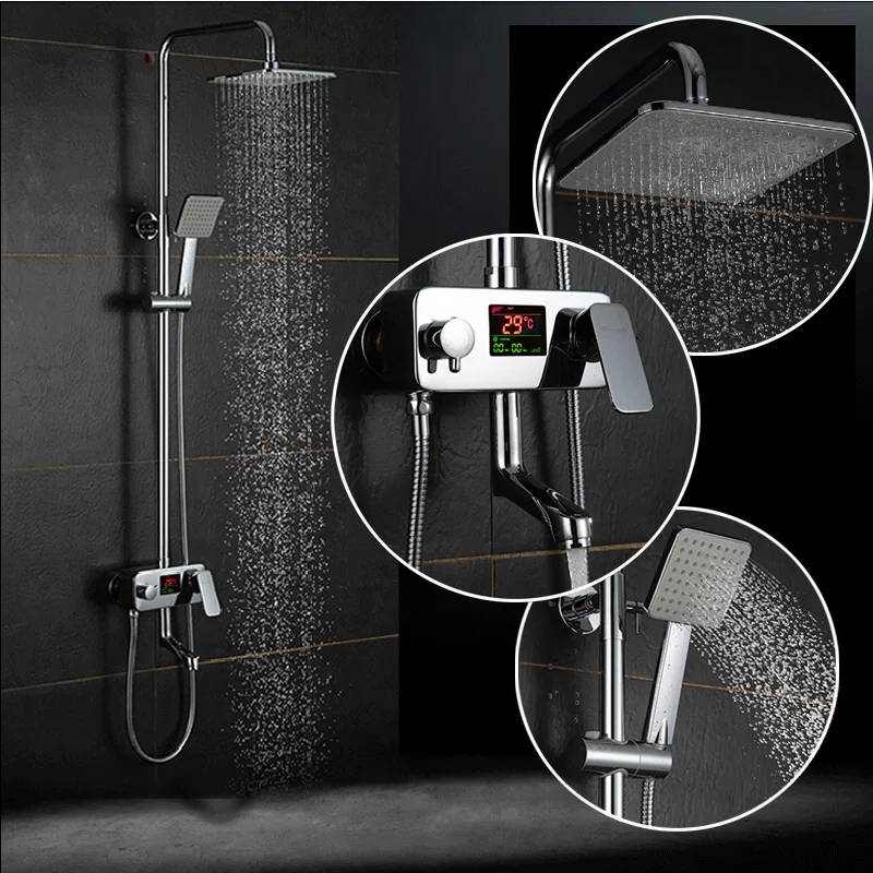 Newly Digital Display 8 Rainfall Shower Faucet In wall Rotation Tub Spout Shower Mixer Set with
