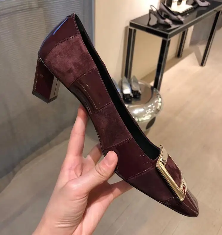 

New shallow mouth season blue and black nude suede with leather square buckle square head with women's shoes high heels