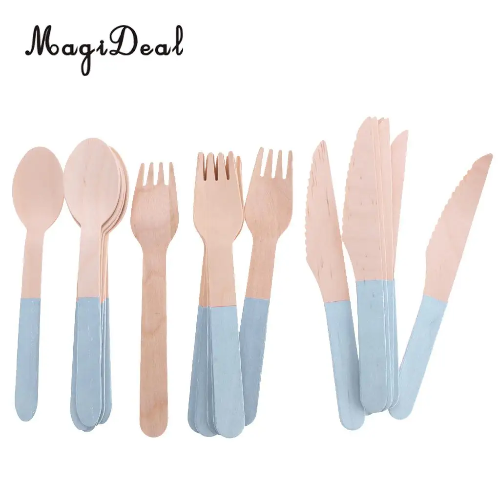 24pcs/Set Disposable Wooden Utensil Forks Spoons Knives Cutlery Set Wedding Birthday Party Tableware Serveware