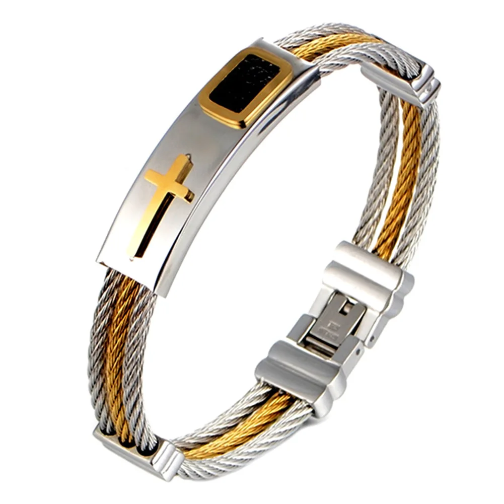 New Gold Cross Bracelet Men Jewelry Stainless Steel Mens Rock Bracelets