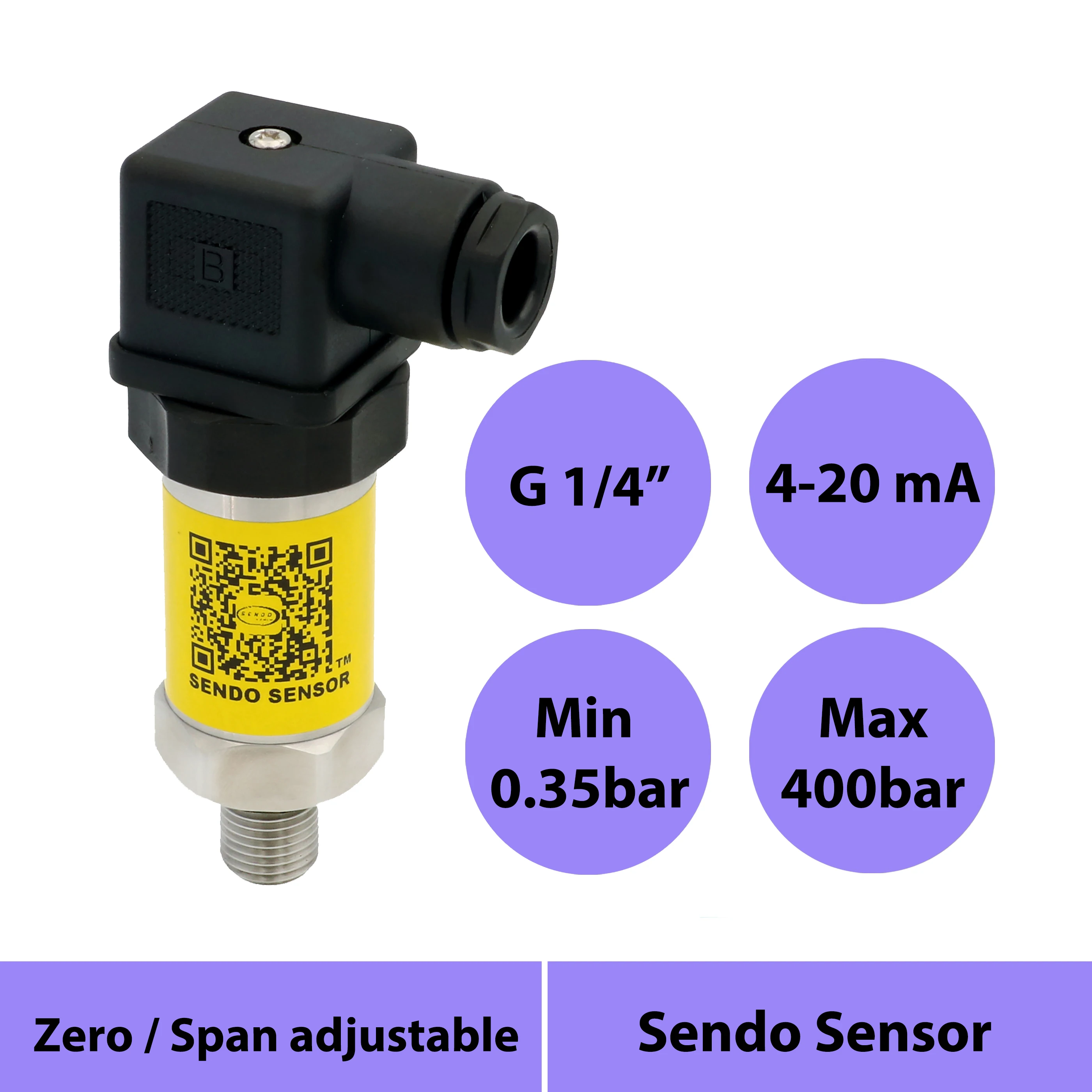 4 20mA pressure sensor, 12 36V supply, 1MPa/10bar/145psi gauge, G1/4", pressure 0.35 bar, 1 bar