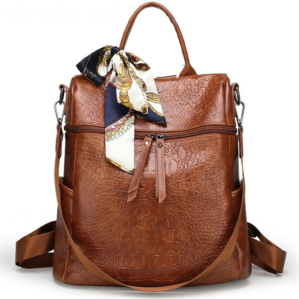 

Scarf 3 in 1 Backpack Women Shoulder Bag Luxury Backpack for Teenage Girls Alligator PU Leather Rucksack Female Sac A Dos Femme