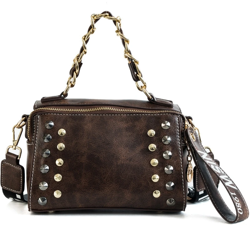 

ABDB-Women'S Rivet Bag Chain Hand Rope Handbag Zipper Pendant Shoulder Bag New Messenger Bag
