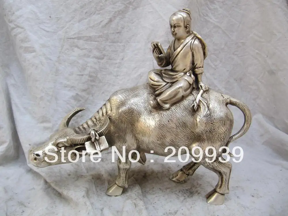

dh 0038 12'' bronze Tibet silver plating a reading book boy on ox statue
