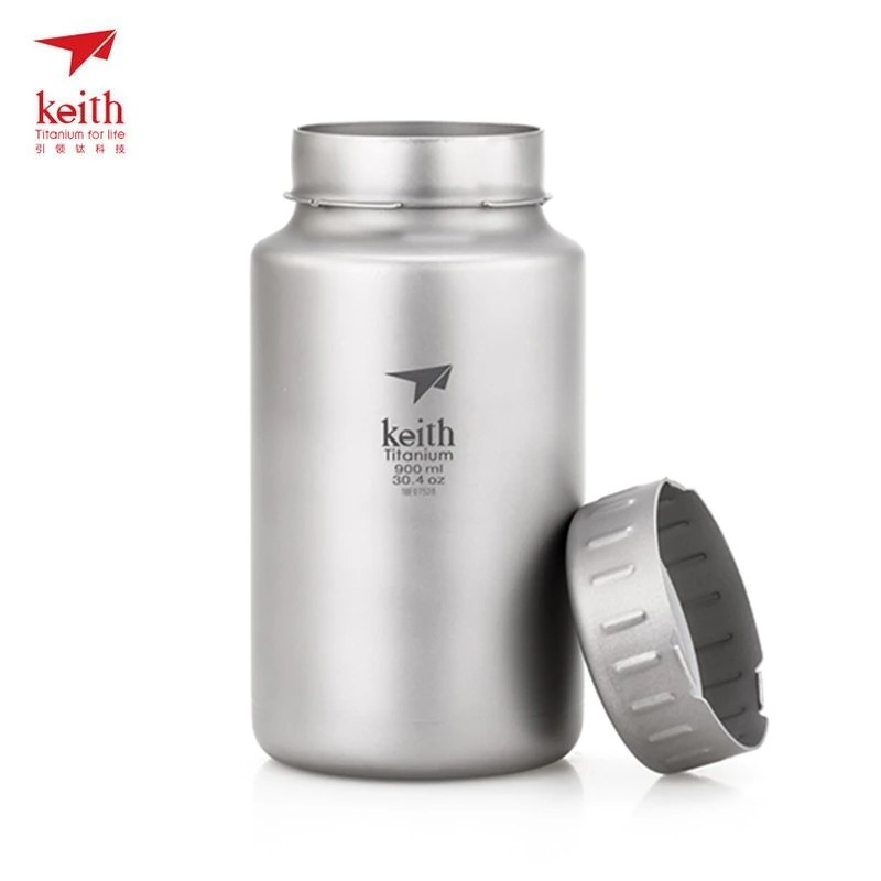

0.9L Keith Titanium Water Bottle Large Capacity Non-threaded Wide Mouth Vacuum Flask Picnic Hiking Travel With Kettle Bag Ti3035