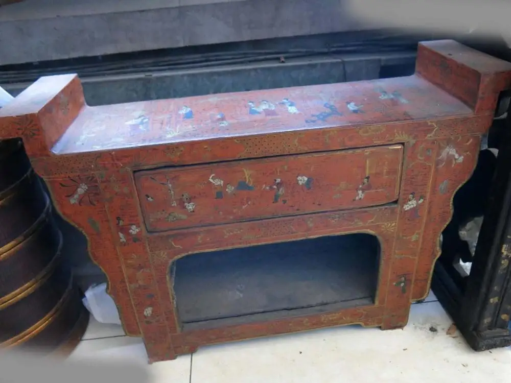 

19" China old handwork lacquerware wood fine picture tea table Cabinet statue A(0505)