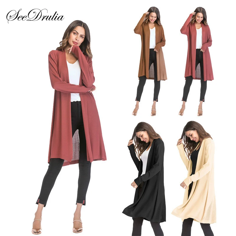 

Seedrulia Casual Pure Color Thin Section Hollow Turn-down Collar Long Sweater Drape Cardigan Coat Open Stitch