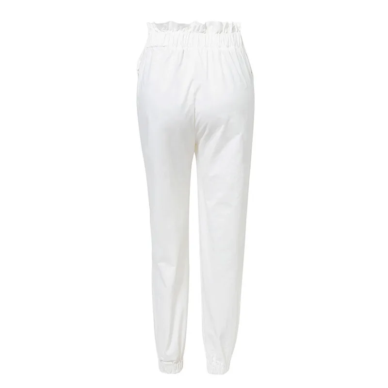 Элегантные брюки карго с высокой талией длинные брюки Капри женские повседневные однотонные белые брюки Уличная Повседневная Брюки со шнуровкой