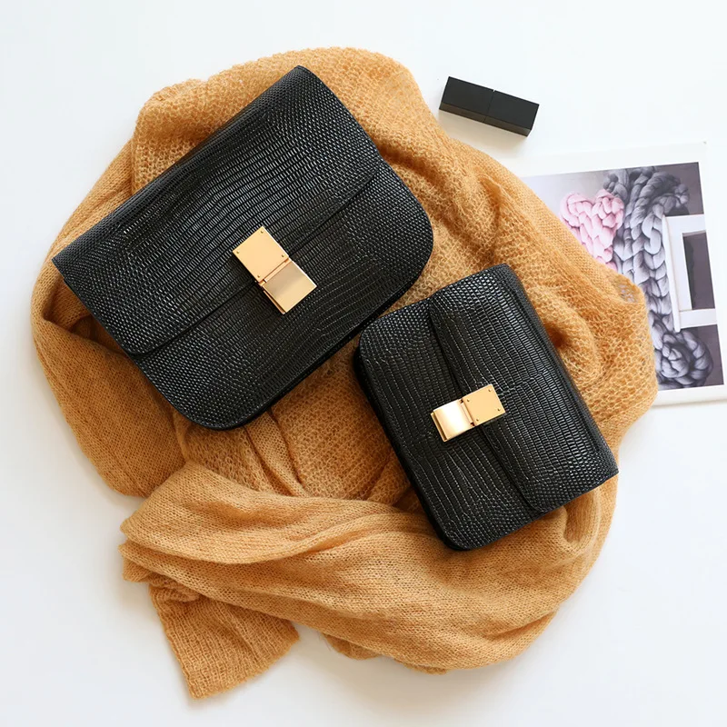 Новая трендовая женская сумка из натуральной кожи с узором ящерицы, маленькая квадратная сумка, сумка через плечо, роскошные сумки, женские сумки, дизайнерские - Цвет: black