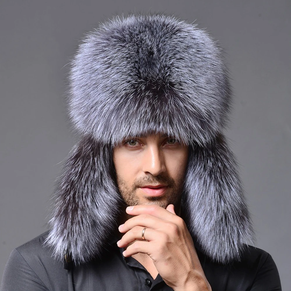 

Men Russian Lamb leather bomber Faux Raccoon Fur hat winter hats with earmuffs trapper earflap Ski Outdoor cap man black hat